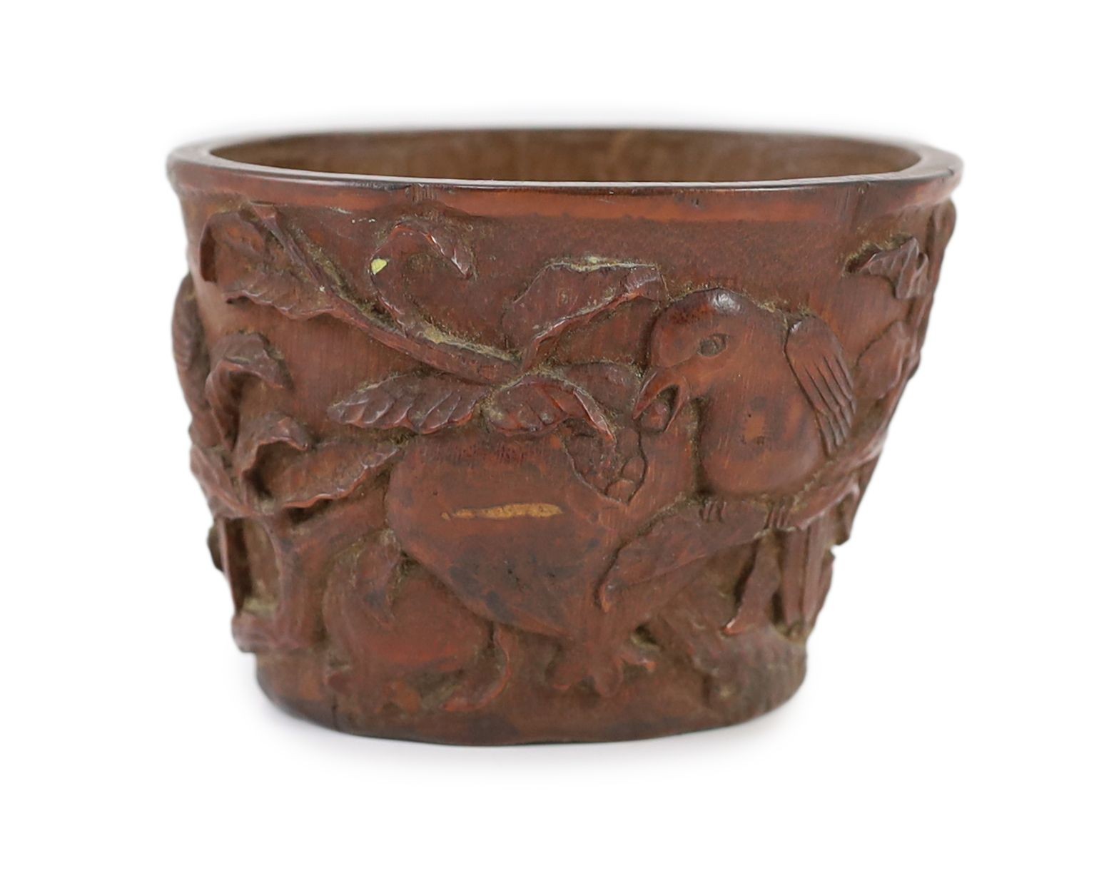 A Chinese bamboo libation cup, late Qing dynasty, 11 cm wide, 8 cm high